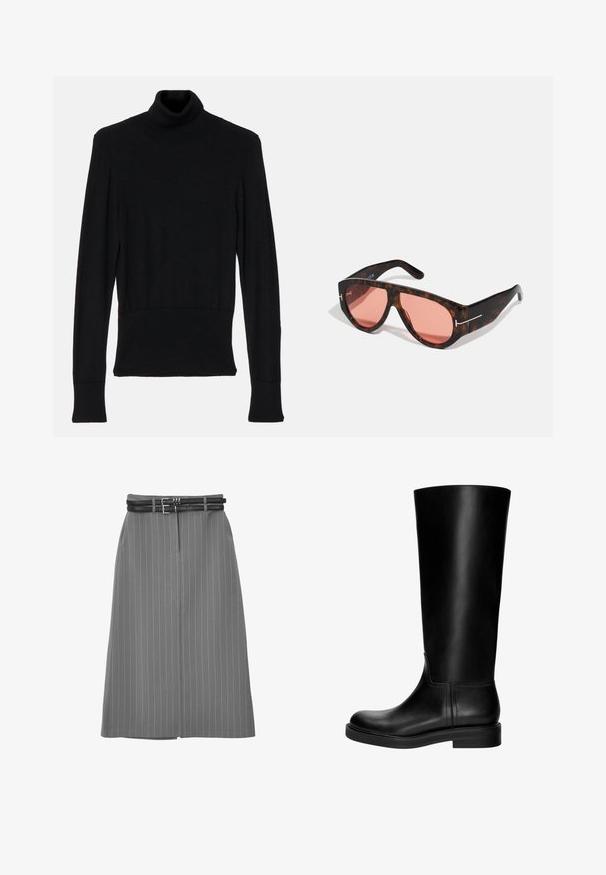 AERON TENDER LONG SLEEVED - Strickpullover - black; Grauer Nadelstreifenrock mit geradem Schnitt, einer vorderen Falte und einem doppelten schwarzen Gürteldetail an der Taille.; Schwarze Leder-Kniefallstiefel mit glatter Textur, abgerundetem Zeh, schlichter Gestaltung und niedrigem Blockabsatz. Keine sichtbare Hardware oder Muster.; Schildpatt-Sonnenbrille mit pinken Gläsern, die ein gewagtes, kantiges Design und dünne silberne Hardware-Akzente an den Rahmen aufweist.