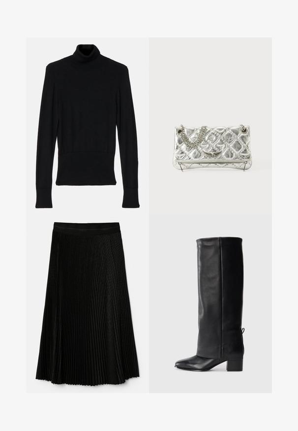 AERON TENDER LONG SLEEVED - Džemperis - black; Juodas klostuotas sijonas su tekstūruotu dizainu, elastinga juosmens dalimi ir sluoksniuotomis klostėmis, suteikiančiomis papildomą judėjimą ir gylį.; Juodos odinės iki kelių basutės su lygiu paviršiumi, kvadratiniu pirštų galas, blokinis kulnas ir šoninė rišimo detalė, leidžianti reguliuoti dydį.; Sidabrinė metalinė rankinė su grandinėlės rankena, iškaltu paviršiumi, dekoratyvine siuvimo siūle ir užtrauktuku. Priekyje turi iškilmingus akcentus.