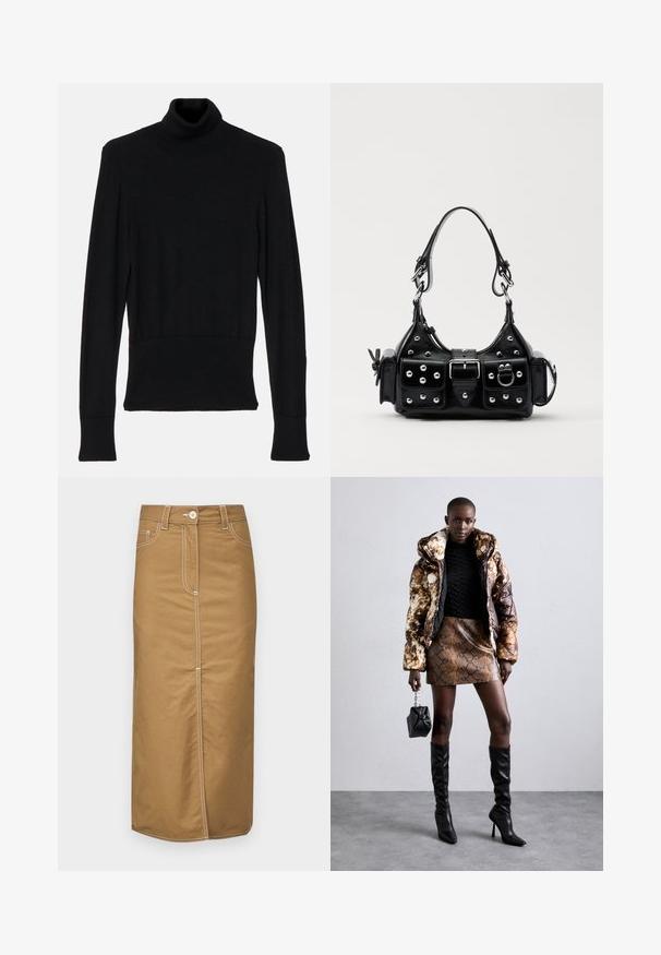 AERON TENDER LONG SLEEVED - Džemperis - black; Ruda vidutinio ilgio sijonas iš tvirto audinio, su baltais siūlais, priekiniais mygtukais ir dviem šoniniais kišenėmis. Tiesios silueto dizainas.; Pūkuotas džemperis su rudos ir juodos spalvų raštu, derinamas su rudą gyvatės rašto mini sijonu, juodais ilgaauliais batais iki kelių ir mažyte juoda rankine.; Juodas odinis rankinukas su kreiviu dizainu, su sidabro spalvos knopkėmis, užsegimu ir dviem šoninėmis kišenėmis. Reguliuojama dirželis nešimui.