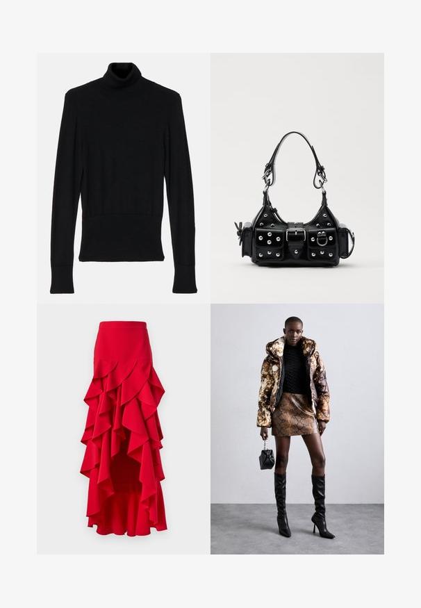 AERON TENDER LONG SLEEVED - Džemperis - black; Sarkans kroku svārks ar augstu-zemu apakšmalu. Tam ir kārtainie kroki ap vidukli un sāniem, izgatavots no gludas auduma. Ar elastīgu jostu.; Puffa jaka ar brūnu un melnu rakstu, kombinēta ar brūnu čūskas raksta mini svārkiem, melniem līdz ceļgala zābakiem un mazu melnu somiņu.; Melnas ādas rokturmais ar izliekumu, ar sudraba iedurtiem, sprādzi un divām sānu kabatām. Regulējams siksniņas garums dažādām nēsāšanas iespējām.