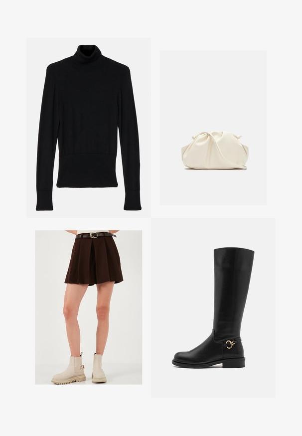 AERON TENDER LONG SLEEVED - Strickpullover - black; Brauner, plissierter Rock mit einem taillierten Bund und einem kontrastierenden braunen Gürtel mit einer goldenen Schnalle. Tragen mit beigen Knöchelstiefeln.; Anna Field Wide Fit Stiefel - black; Cremfarbener, weicher Kunstlederbeutel mit gerafftem Design, verstellbarem Schultergurt und subtiler Kordelzug-Verschluss. Glatte Textur und runde Form.; Silberne Tropfohrringe mit abgerundeten, reflektierenden Oberflächen; minimalistisches Design mit glatter Textur und subtilen Brandingdetails.