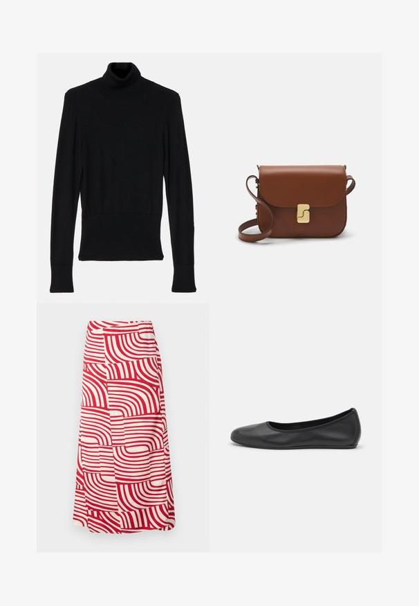 AERON TENDER LONG SLEEVED - Neule - black; Punainen ja kerma värinen polven mittainen hame, jossa on rohkeat, kaarevat raidat vaihtelevilla leveydillä, valmistettu pehmeästä kankaasta, jolla on sileä tekstuuri.; Musta nahkainen ballerina, jossa on pyöristetty kärki, sileä pinta, minimaalinen ommelkoristelu ja joustava pohjamuotoilu.; Ruskea nahkainen käsilaukku, jossa on läppäkiinnitys, kultasävyiset yksityiskohdat, olkahihna ja sileä pinta. Kompaktin suorakaiteen muotoinen.