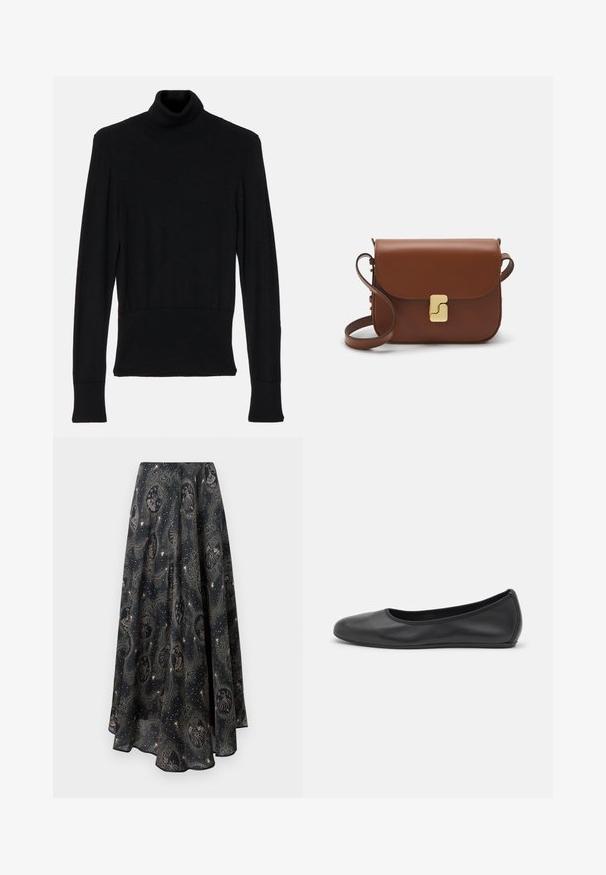 AERON TENDER LONG SLEEVED - Pulover - black; Paul & Joe JUPE - Fustă maxi - marine; Balerini din piele neagră, cu vârf rotund, textură netedă, detalii de cusătură minimale și un design al tălpii flexibil.; Geantă de piele maro cu închidere tip capac, accesorii de culoare aurie, curea de umăr și o textură netedă. Formă compactă și rectangulară.