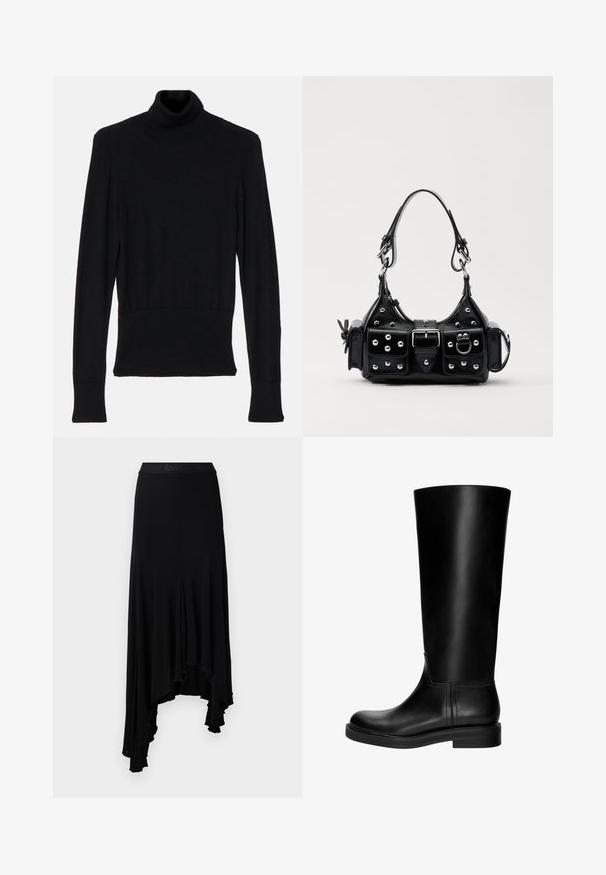 AERON TENDER LONG SLEEVED - Pulover - black; Fustă asimetrică neagră cu un tiv ondulat, realizată dintr-un material moale și elastic, având un talie lată cu branding embosat.; Botine negre din piele, până la genunchi, cu o textură netedă, vârf rotunjit, design discret și toc mic.; Geantă de piele neagră cu un design curbat, dotată cu studuri argintii, o cataramă și două buzunare laterale. Curea ajustabilă pentru opțiuni de transport.