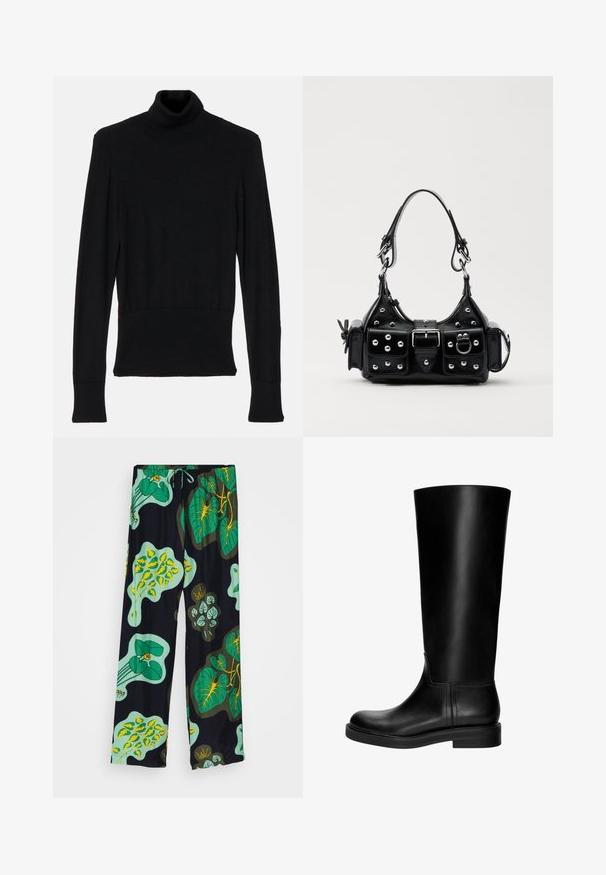 AERON TENDER LONG SLEEVED - Stickad tröja - black; Mönstrade byxor med dragsko i midjan, tillverkade av ett smidigt tyg med gröna och gula bladmotiv på en mörk bakgrund.; Svarta läderstövlar i knähöjd med en slät textur, rund tå, diskret design och en låg klack. Ingen synlig hårdvara eller mönster.; Svart läderhandväska med en kurvad design, prydd med silverfärgade nitar, ett spänne och två sidofickor. Justerbar rem för olika bäralternativ.