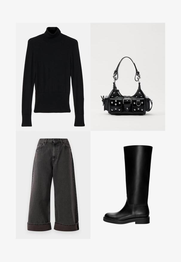 AERON TENDER LONG SLEEVED - Strickpullover - black; Schwarze weite Jeans mit umgeschlagenen Säumen, vorderem Knopf- und Reißverschluss, sowie Seiten- und Vordertaschen.; Schwarze Leder-Kniefallstiefel mit glatter Textur, abgerundetem Zeh, schlichter Gestaltung und niedrigem Blockabsatz. Keine sichtbare Hardware oder Muster.; Schwarze Lederhandtasche mit einem geschwungenen Design, verziert mit silbernen Nieten, einer Schnalle und zwei seitlichen Taschen. Verstellbarer Träger für verschiedene Tragemöglichkeiten.