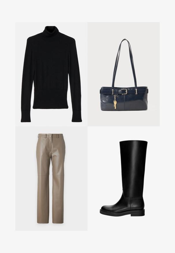 AERON TENDER LONG SLEEVED - Maglione - black; Pantaloni in pelle marrone con vestibilità dritta, caratterizzati da un girovita a media altezza e dettagli di cucitura sottili. Tessuto liscio con una finitura lucida.; Stivale in pelle nera al ginocchio con una texture liscia, punta rotonda, design sobrio e tacco a blocco basso. Nessuna hardware o motivo visibile.; Borsa a mano in pelle blu con due manici lunghi, un dettaglio con fibbia e un portachiavi attaccato. Presenta una texture liscia e una forma rettangolare.