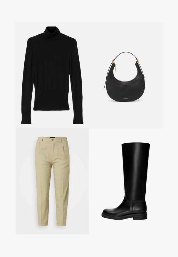 AERON - Sweter; Beżowe bawełniane spodnie o luźnym kroju, z przodu z fałdami, z zapięciem na guzik i kieszeniami bocznymi, zaprojektowane z taperowanymi nogawkami.; Czarne skórzane kozaki do kolan o gładkiej fakturze, zaokrąglonym nosku, stonowanym designie i niskim obcasie w kształcie bloku. Brak widocznych dodatków czy wzorów.; Czarna skórzana torebka o zaokrąglonym kształcie, teksturowanej powierzchni, złotych akcentach metalowych oraz zamknięciu na zamek błyskawiczny. Logo umieszczone na dole.