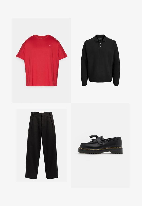 Cămașă polo neagră cu mâneci lungi, cu trei nasturi și guler, expusă pe un fundal alb.; Levi's® Plus Tricou basic - rhythmic red; Pantaloni negri cu picioare largi, cu pliseuri frontale, curea de fixare și închidere ascunsă, eticheta "Rebel" pe talie.; Mocasini din piele neagră cu un accent ciufulit, având o talpă groasă neagră și cusături galbene pe margine. Finisaj texturat.
