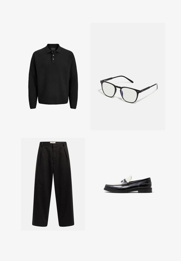 Sort langærmet polo shirt med tre knapper og krave, vist mod en hvid baggrund.; Sort brede bukser med forkortede plisseringer, bæltesløjfer og en skjult lukning, mærket "Rebel" på taljen.; ALDO LOAFERS KIERAN - Loafers - black white; Sorte rektangulære solbriller med klare linser, metalldetaljer og tynde arme. Har en let kurve ved tindingerne.; Sort læder messenger taske med sølvspænder, gule syninger, justerbar rem og en lomme foran. Brandlogo vist på forsiden.