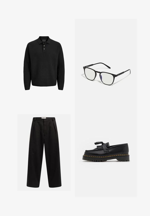 Polo noir à manches longues avec trois boutons et un col, présenté sur un fond blanc.; Pantalons larges noirs avec plis avant, passants de ceinture et fermeture dissimulée, étiquetés "Rebel" sur la ceinture.; Mocassin en cuir noir avec un accent à frange, doté d'une semelle épaisse noire et d'une couture jaune le long du bord. Fini texturé.; Lunettes de soleil rectangulaires noires avec des verres transparents, des accents en métal et des branches fines. Elles possèdent une légère courbe au niveau des tempes.; Sac messager en cuir noir avec des boucles en argent, des surpiqûres jaunes, une sangle réglable et une poche avant. Logo de la marque affiché sur le devant.