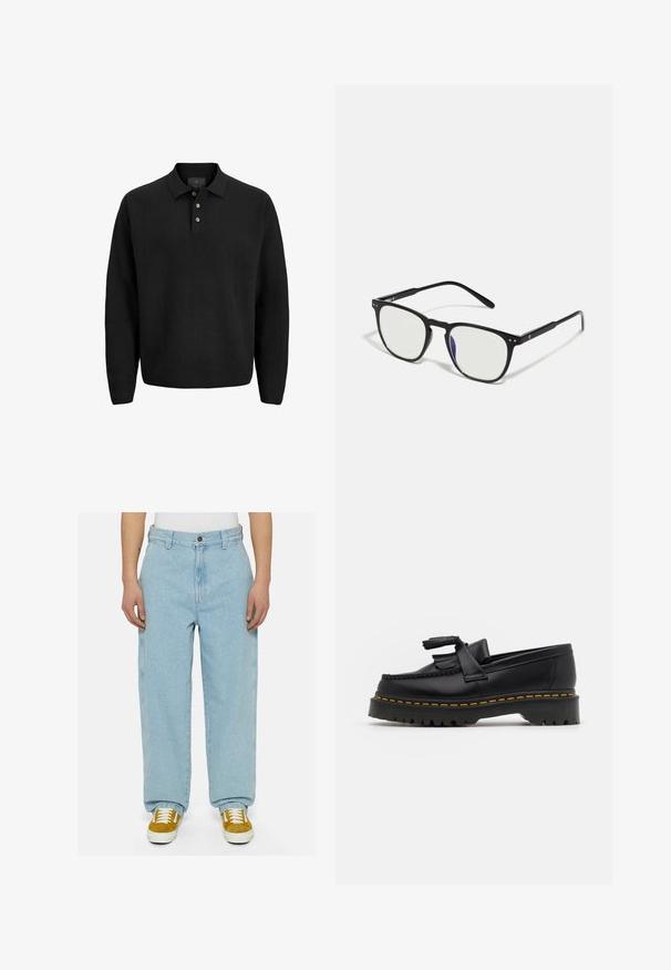 Camisa de polo negra de manga larga con tres botones y cuello, presentada sobre un fondo blanco.; Vaqueros de mezclilla azul claro con un corte holgado, tiro alto y costuras en contraste. Combinados con zapatillas amarillas y blancas.; Mocasín de cuero negro con un acento de borlas, que presenta una suela gruesa negra y costuras amarillas a lo largo del borde. Acabado texturizado.; Gafas de sol rectangulares negras con lentes claros, acentos de metal y patas delgadas. Presenta una ligera curva en las patillas.; Bolso mensajero de cuero negro con hebillas plateadas, costuras amarillas, correa ajustable y un bolsillo delantero. Logotipo de la marca exhibido en la parte frontal.