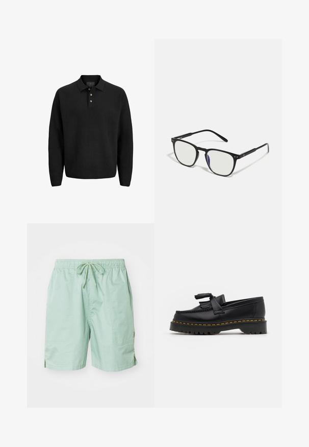 Crni dugi rukav polo majica s tri dugmeta i ovratnikom, prikazana na bijeloj pozadini.; Svijetlozeleni kupaći šortsevi od glatkog materijala, s elastičnim pojasom i vezicom, bočnim džepovima i kratkom dužinom.; Crna kožna loaferica s resicama, koja ima čvrst crni potplat i žute šavove duž ruba. Teksturirana završna obrada.; Crne pravokutne sunčane naočale sa prozirnim lećama, metalnim naglascima i tankim ručkama. Imaju blagu krivulju na sljepoočnicama.; Crna kožna torba preko ramena sa srebrnim kopčama, žutim šavovima, podesivim remenom i prednjim džepom. Brend logo prikazan je sprijeda.