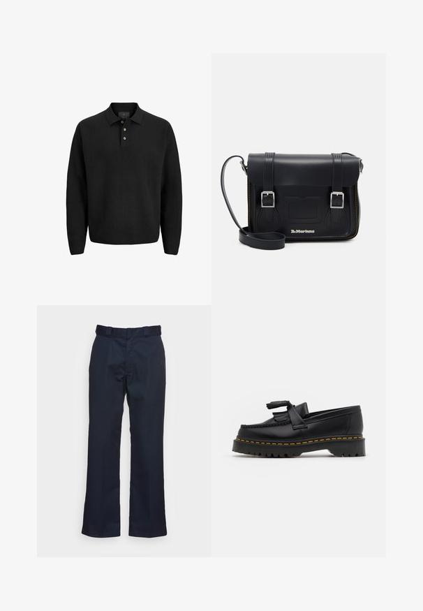 Crni dugi rukav polo majica s tri dugmeta i ovratnikom, prikazana na bijeloj pozadini.; Tamno plave hlače ravnog kroja, napravljene od glatke tkanine, s običnim pojasom i bez vidljivih uzoraka ili metalnih dijelova.; Crna kožna loaferica s resicama, koja ima čvrst crni potplat i žute šavove duž ruba. Teksturirana završna obrada.; Crna kožna torba preko ramena sa srebrnim kopčama, žutim šavovima, podesivim remenom i prednjim džepom. Brend logo prikazan je sprijeda.