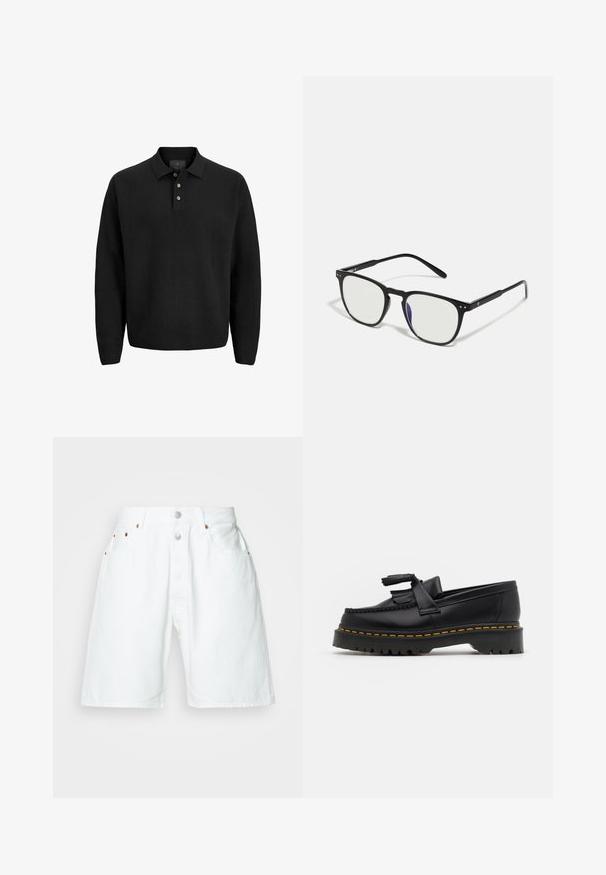 Black long-sleeve polo shirt with three buttons and a collar, displayed against a white background.; White denim shorts with a high waist, featuring a button fly, five pockets, and copper-tone hardware accents. Smooth, textured fabric.; Black leather loafer with a tasseled accent, featuring a chunky black sole and yellow stitching along the edge. Textured finish.; Black rectangular sunglasses with clear lenses, metal accents, and thin arms. Features a slight curve at the temples.; Black leather messenger bag with silver buckles, yellow stitching, adjustable strap, and a front pocket. Brand logo displayed on the front.