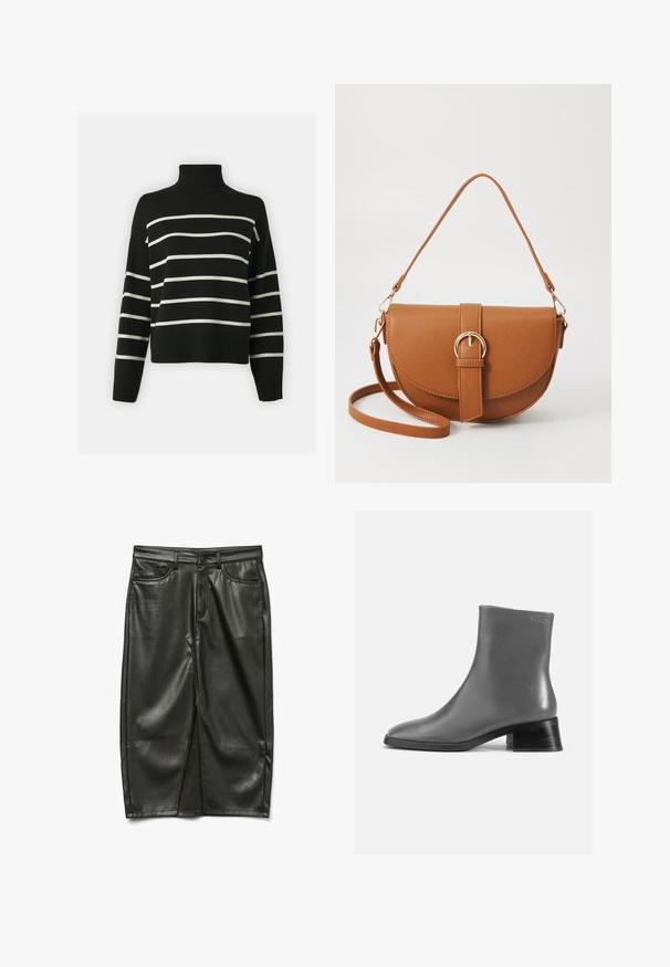 Černý rolák se bílými horizontálními pruhy, volný střih, žebrovaná textilie na límci a manžetách, zkrácený design, jemná látka.; Černá kožená sukně s přiléhavým střihem, předními kapsami a rozparkem, která se vyznačuje hladkým povrchem a elegantním vzhledem.; Šedá kožená kotníková bota s kulatou špičkou a krátkým, stohovaným černým podpatkem. Hladký povrch s minimálními detaily.; Hnědá kožená křížová taška s zakřiveným tvarem, zlatými detaily a akcentem s přezkou. Obsahuje odnímatelný popruh na rameno.
