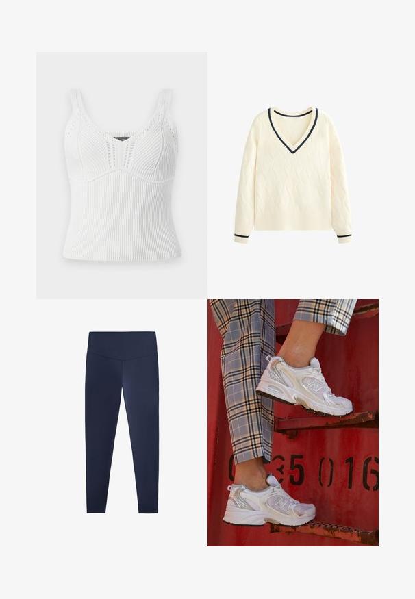 Krémový sveter s diamantovým vzorom, V-krkom, rebrovaným lemom a námorníckymi akcentmi pri výstrihu a manžetách. Pletená textúra.; Biely rebrovaný pletený top bez rukávov s hrubými ramienkami, má textúrovaný vzor a priliehavý strih, navrhnutý na tesné nosenie.; Námornícke modré legíny vyrobené z pružného, hladkého materiálu s vysokým pásom. Navrhnuté tak, aby tesne priliehali a zakrývali celé nohy až po členky.; Biele sieťkové tenisky so striebornými detailmi a textúrovanou podrážkou, umiestnené na červenom povrchu, v kombinácii s károvanými nohavicami.