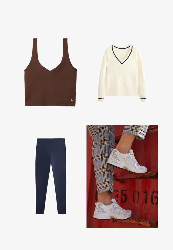 Kermanvärinen villapaita, jossa on timanttimalli, V-pääntie, ribbireunus ja laivastonsinisiä yksityiskohtia pääntiellä ja hihansuissa. Neulospinta.; Ruskea urheiluliivi V-mallilla, valmistettu sileästä ja joustavasta kankaasta. Siinä on leveät hihnat ja pieni logotunnus helmassa.; Siniset legginsit, jotka on valmistettu joustavasta ja sileästä kankaasta, jossa on korkea vyötärö. Suunniteltu tiivisti istuvaksi ja tarjoaa täyden pituuden nilkkoihin saakka.; Valkoiset verkkokengät hopea-yksityiskohdilla ja teksturoidulla pohjalla, aseteltuna punaiselle pinnalle, yhdistettynä ruudullisiin housuihin.