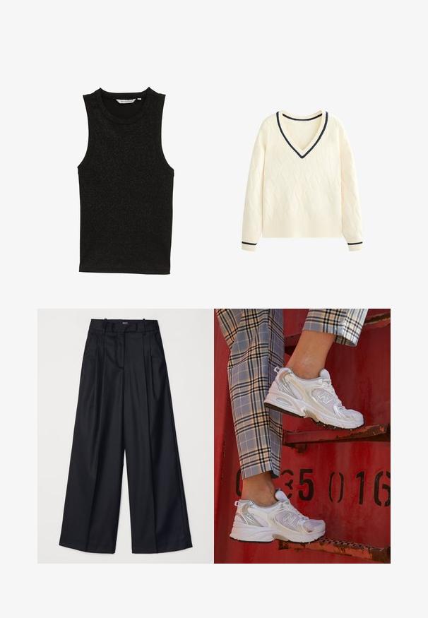 Krém színű pulóver gyémántmintával, V-dekoltázs, bordás aljjal és tengerész kék részletekkel a nyaknál és az ujjak végén. Mászott textúra.; Fekete ujjatlan felső, textúrált, csillogó anyagból készült. Kerek nyakkivágással és díszítések nélküli, testhezálló kialakítással rendelkezik.; Fekete, széles lábú nadrág sima anyagból, magas derekú, pliszékkel és elegáns kialakítással. Egyszerű fekete kiegészítők a dereknál.; Fehér hálós sportcipők ezüst részletekkel és texturált talppal, egy piros felületen elhelyezve, kockás nadrággal párosítva.