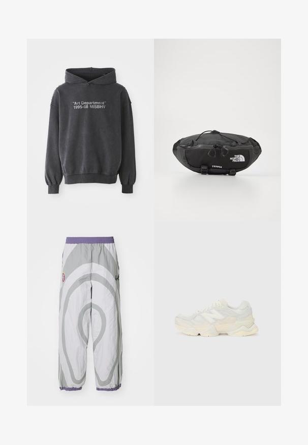 Svart falmet hettegenser med tekst foran som leser "Art Department" 1995-08 MISBHV, med strikkede mansjetter og midjebånd.; Lette, grå bukser med mønster i hvit svulmende design. Har elastisk midje og smalnende mansjetter med lilla aksenter.; Lett sneaker med en overdel i mesh og semsket skinn i myke kremtoner, med en kraftig såle og tredimensjonale detaljer.; The North Face TERRA LUMBAR 3L UNISEX - Rumpetaske - asphalt grey/black