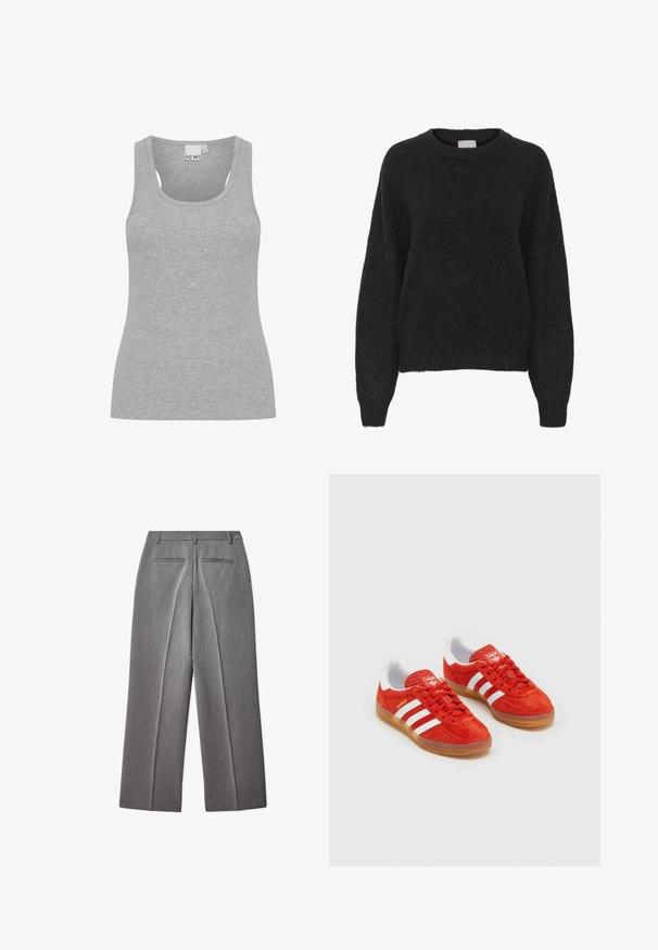 Czarny, oversizowy sweter z okrągłym dekoltem, długimi rękawami oraz ribbowanymi mankietami i dołem. Wykonany z pluszowego materiału.; Szary, prążkowany top na ramiączkach z okrągłym dekoltem i szerokimi ramiączkami. Wykonany z miękkiego, lekkiego materiału. Posiada dopasowany fason i minimalną ilość szwów.; Szare, dopasowane spodnie z płaskim przodem, prostymi nogawkami, dwiema tylnymi kieszeniami i subtelną fakturą.; Czerwone zamszowe sneakersy z białymi paskami, gumową podeszwą, wyściełanym kołnierzem i logo na języku. Klasyczny design z teksturowaną cholewką.