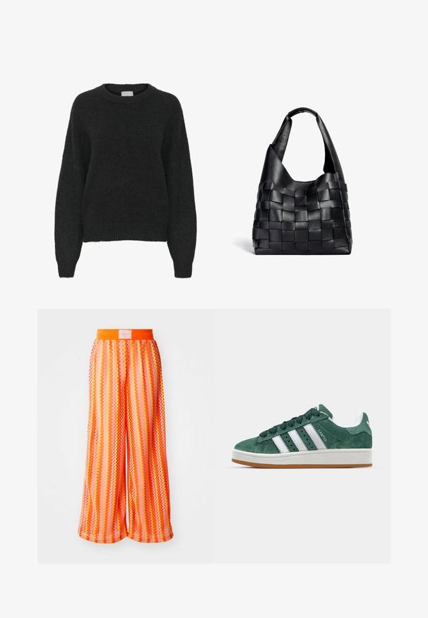 Juodas, per didelis megztinis su apvaliu iškirpimu, ilgomis rankovėmis ir susiraukšlėjusiais raukšlėmis bei apdaila. Pagamintas iš pūkuoto tekstūrizuoto audinio.; Platus kojas turintys kelnės su zigzago raštu gyvų oranžinės ir rožinės spalvų atspalvių, su elastingu juosmeniu ir logotipo etikete gale.; Žalios zomšinės sportinės bateliai su baltomis odinėmis juostelėmis, guminėmis padangomis, paminkštintu kraštu ir minimalistiniu dizainu. Ant šono yra ženklas.; Juodas odinis pynimo stiliaus pirkinių maišas su laisva forma ir plačiu peties diržu. Pasižymi tekstūruotu, persipinimu sukurto dizaino ir lygaus paviršiaus.