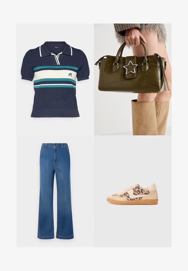Krátky sveter v krémovej farbe, s pleteným vzorom, širokým golierom a žebrovanými manžetami. Vyrobený z mäkkej, textúrovanej látky.; Námornícky pletený polo tričko s krátkymi rukávmi, s horizontálnymi prúžkami v odtieňoch teal, bielej a tmavomodrej, a malým vyšívaným logom na hrudi.; Modré džínsy s širokými nohavicami a vysokým pásom, s gombíkovým zapínaním, piatimi vreckami a vyblednutou textúrou.; Tenisky s leopardím vzorom, s béžovým semišovým zvrškom, svetlohnedou gumovou podrážkou a bielymi akcentmi. Okrúhla špička a šnurovací dizajn s textúrovaným povrchom.; Olive zelená kabelka z faux kože s striebornou hviezdou, dvojitými uchami a zipsovým uzáverom. Textúrovaný povrch a štruktúrovaný tvar.