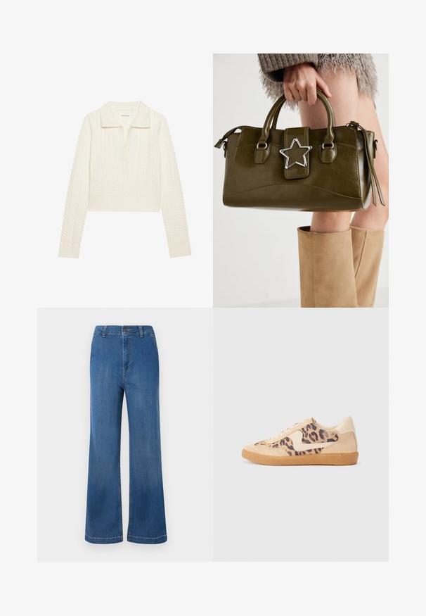 Cropped sweater in cream, featuring a cable knit pattern, a wide collar, and ribbed cuffs. Made from soft, textured fabric.; Wide-leg blue denim jeans with a high waist, featuring a button closure, five pockets, and a faded texture.; Leopard print sneakers with beige suede upper, tan rubber sole, and white accents. Round toe and lace-up design with a textured finish.; Olive green faux leather handbag with silver star accent, dual handles, and a zip closure. Textured surface and structured shape.