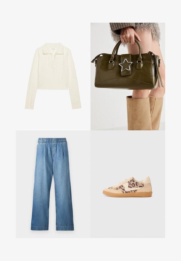 Izgriezts svārku džemperis krēmkrāsā ar adītu rakstu, plašu apkakli un ribotām aprocēm. Izgatavots no mīkstas, teksturētas auduma.; Gai zili džinsi ar elastīgu jostasvietu, plaša piegriezuma un smalku tekstūru. Nav redzamu kabatu vai rotājumu.; Leoparda drukas kedas ar beidzējo zamša virsu, brūnu gumijas zoli un baltām akcenta detaļām. Apļveida purngals un auklu aizdare ar strukturētu virsmu.; Olive zaļš mākslīgās ādas rokassomu ar sudraba zvaigznes akcentu, divām rokturiem un rāvējslēdzēja aizdari. Strukturēta forma un teksturēta virsma.