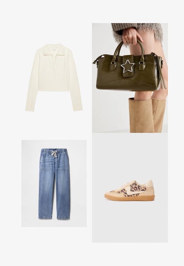 Kreminės spalvos sutrumpintas megztinis su pintu raštu, plačiu apykakle ir raukšlėtomis rankovėmis. Pagamintas iš minkštos, tekstūruotos medžiagos.; Šviesiai mėlynos džinsinės kelnės su elastingu juosmeniu ir baltu raišteliu, turinčios priekinės kišenės ir tiesias kojas.; Leopardų rašto sportiniai batai su smėlio spalvos zomšiniu viršumi, rusvu guminiu padu ir baltais akcentais. Apvalus nosis ir raištelių užsegimas su tekstūruotu paviršiumi.; Alyvuogių žalios spalvos dirbtinės odos rankinė su sidabro žvaigždės akcentu, dviem rankenomis ir užtrauktuko uždarymu. Tekstūruotas paviršius ir struktūrizuota forma.