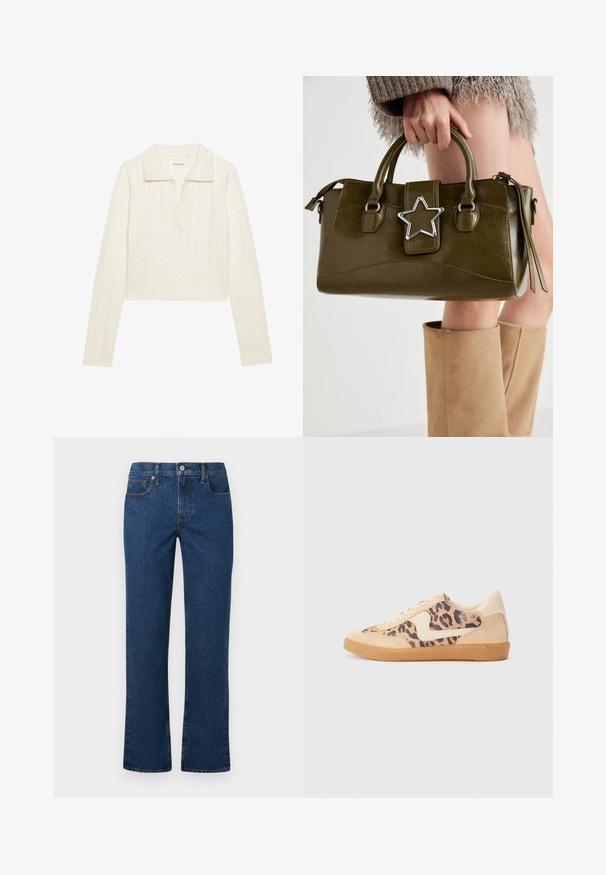 Suéter recortado en color crema, que presenta un patrón de punto trenzado, un cuello ancho y puños acanalados. Fabricado con una tela suave y texturizada.; Jeans rectos de color azul oscuro con cierre de botón y cremallera, bolsillos delanteros y para monedas, y pasadores para cinturón, mostrados en plano sobre un fondo blanco.; Zapatillas de leopardo con parte superior de ante beige, suela de goma marrón y acentos blancos. Punta redonda y diseño con cordones con un acabado texturado.; Bolso de mano de cuero sintético verde oliva con acento de estrella plateada, doble asa y cierre de cremallera. Superficie texturizada y forma estructurada.
