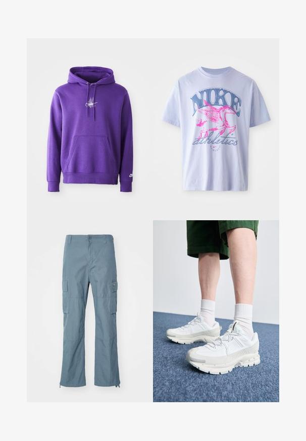 Lila kapucnis pulóver puha anyagból, elülső zsebbel, húzózsinórral a kapucnin, és egy fehér logóval a mellrészen. Simma textúra.; Világoslila pamut póló, rózsaszín és kék szárnyas ló grafikával, "NIKE" és "athletics" felirattal, rövid ujjakkal és kerek nyakkal.; Világoskék cargo nadrág, tartós szövetből készült. Jellemzői közé tartoznak a cargo zsebek, a cipzáras lábnyílás és a gombos zárás.; Fehér sportcipők texturált burkolattal, vastag talppal és szürke részletekkel. Fehér sportzoknival és zöld rövidnadrággal viselve, kék felületen.