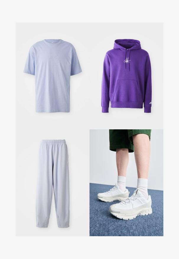 Lila kapucnis pulóver puha anyagból, elülső zsebbel, húzózsinórral a kapucnin, és egy fehér logóval a mellrészen. Simma textúra.; Világoskék pamut póló kerek nyakkivágással és rövid ujjakkal. A középen elhelyezkedő domború "nike" logóval rendelkezik. Puha tapintású.; Világoslila, puha anyagból készült jogging nadrág, rugalmas derékkal és húzott bokákkal. Oldalán diszkrét logóval rendelkezik.; Fehér sportcipők texturált burkolattal, vastag talppal és szürke részletekkel. Fehér sportzoknival és zöld rövidnadrággal viselve, kék felületen.
