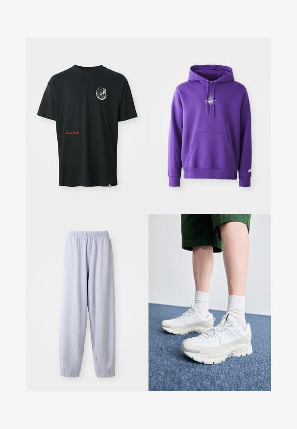 Purple hoodie made of soft material, featuring a front pocket, drawstring hood, and a white logo on the chest. Smooth texture.; Black short-sleeve T-shirt with small white fossil graphic on chest and orange "Texas Fossils" text near bottom left.; Light lavender joggers made of soft fabric with an elastic waistband and gathered ankles. Features subtle branding on the side.; White athletic shoes with textured overlays, a chunky sole, and gray accents. Worn with white crew socks and green shorts on a blue surface.