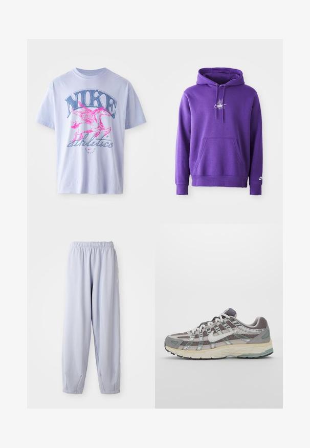 Lilla hettegenser laget av mykt materiale, med en frontlomme, snøring i hetten og en hvit logo på brystet. Glatt tekstur.; Lyse lilla bomull T-skjorte med grafikk av en vingerhest i rosa og blått med teksten "NIKE" og "athletics", korte ermer og rund hals.; Lyse lavendel joggebukser laget av myk stoff med elastisk midjebånd og samlede ankler. Har subtil merking på siden.; Grå treningssko med overdel i nett og semsket skinn, hvite detaljer, en polstret såle, og et særpreget design med reflekterende elementer.