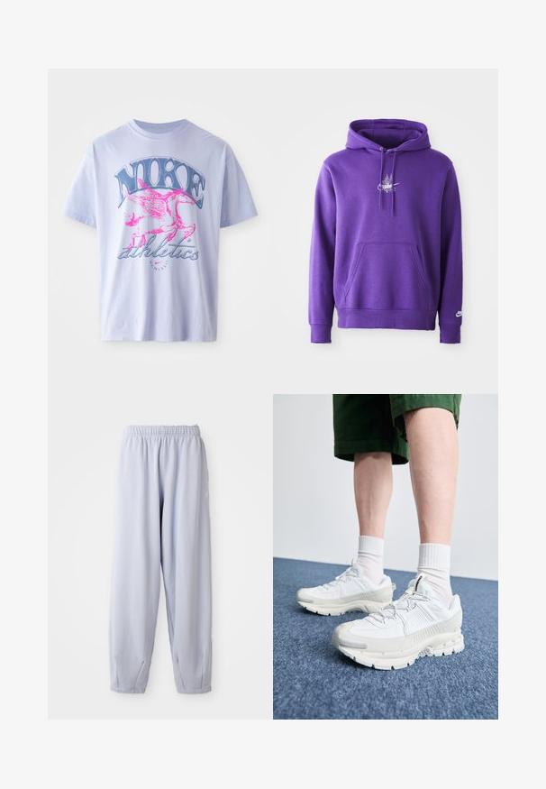 Sweatshirt roxa feita de material suave, com um bolso frontal, capuz ajustável e um logótipo branco no peito. Textura lisa.; T-shirt de algodão lilás claro com um gráfico de um cavalo alado rosa e azul com o texto "NIKE" e "atletismo", mangas curtas e gola redonda.; Calças de jogging em lavanda claro, feitas de um tecido suave, com uma cintura elástica e punhos franzidos. Apresenta uma marcação subtil de lado.; Sapatos atléticos brancos com sobreposições texturizadas, sola espessa e detalhes em cinza. Usados com meias brancas até ao tornozelo e calções verdes sobre uma superfície azul.