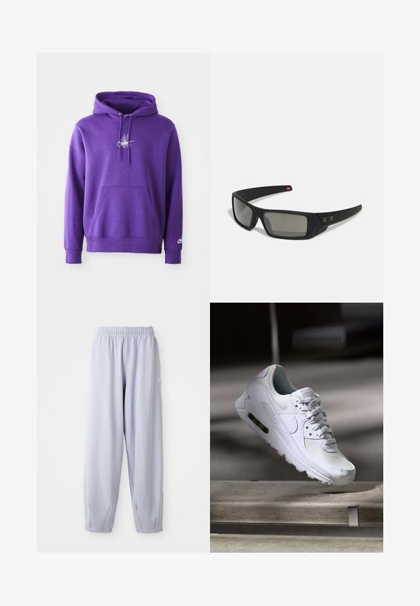 Lila kapucnis pulóver puha anyagból, elülső zsebbel, húzózsinórral a kapucnin, és egy fehér logóval a mellrészen. Simma textúra.; Világoslila, puha anyagból készült jogging nadrág, rugalmas derékkal és húzott bokákkal. Oldalán diszkrét logóval rendelkezik.; Fehér Nike Air Max 90 sneaker, amely hálós és bőr felsőrésszel, perforált orr-résszel és látható légpárnás egységgel rendelkezik a saroknál.; Fekete napszemüveg matt felülettel, téglalap alakú lencsékkel, enyhe ívvel a templomokon, diszkrét logó részlettel és füstszínű lencsékkel.