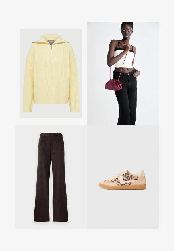 Sofas dzeltenas krāsas adīts pulovers ar pus-zips dizainu, platu apkakli un ribotu tekstūru. Brīvs piegriezums ar garām piedurknēm.; Brūni, platā kāju bikses, izgatavotas no mīksta, teksturēta auduma. Iespējas ietver pogu aizdares un divas priekšējās kabatas.; Leoparda drukas kedas ar beidzējo zamša virsu, brūnu gumijas zoli un baltām akcenta detaļām. Apļveida purngals un auklu aizdare ar strukturētu virsmu.; Burgundijas mīkstas auduma soma ar sakoptu dizainu un garu siksnu, nēsāta uz krūšu. Modelis valkā baltu piegriezuma topu un melnas džinsus.