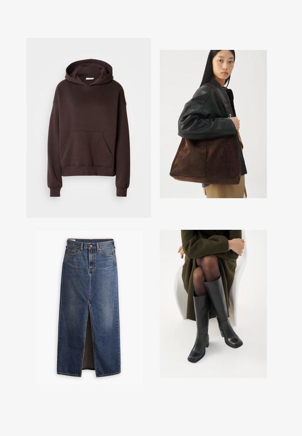 Ruskea huppari, joka on valmistettu pehmeästä kankaasta, varustettu suurella hupulla, etutaskulla sekä ribbausreunuksilla hihansuissa ja helmassa. Yksinkertainen, rento muotoilu ilman kuvioita.; Levi's® ANKLE COLUMN SKIRT - Maksihame - wave hello; Polvisuoja mustat nahastossud, millel on ruudukujuline varvas ja plokk-kints, on esitatud mudeli seljas, kes istub oliivrohelises mantlis. Sile tekstuur, minimaalne detailitus.; Ruskea mokkanahkainen kassi, joka on leveä ja pehmeä tekstuuri, varustettuna yhdellä hihnalla ja minim hardwarella neutraalissa ympäristössä.