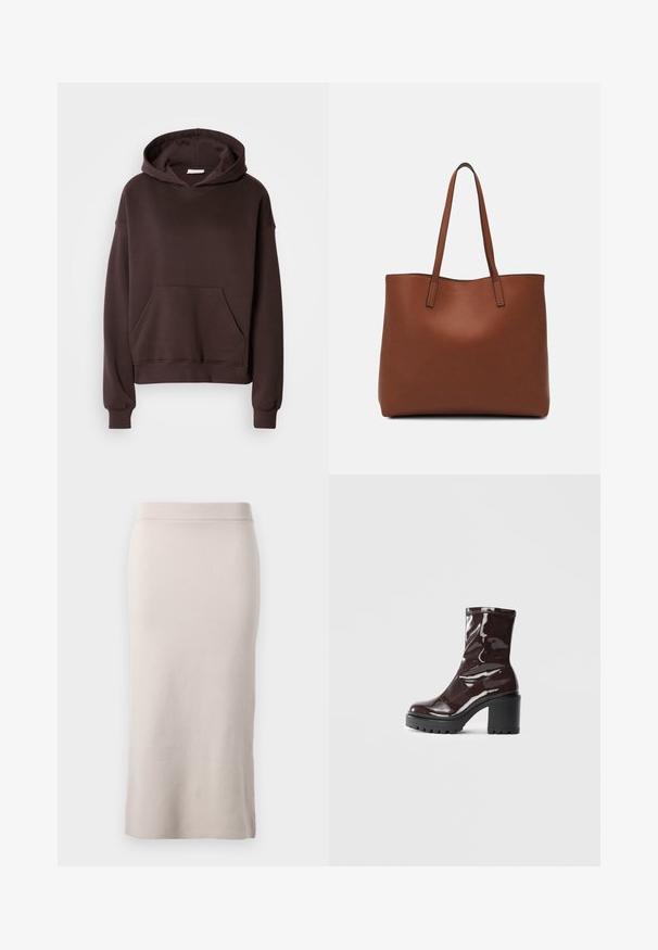 Hanorac maro realizat dintr-un material moale, având o glugă mare, un buzunar frontal și manșete și tiv dintr-un material ribbed. Design simplu și casual, fără modele.; Fustă tip creion tricotată într-o nuanță deschisă de bej, având un tiv cu relief, croială ajustată și deschidere laterală pentru libertate de mișcare. Textură moale, design minimalist.; Botine lucioase burgundy, cu toc gros negru, având o textură netedă și un design simplu. Fără închideri sau modele vizibile.; Geantă de umăr din piele maro cu o textură netedă, design cu vârf deschis și două curele pentru umăr. Prezintă cusături minime și fără componente metalice vizibile.