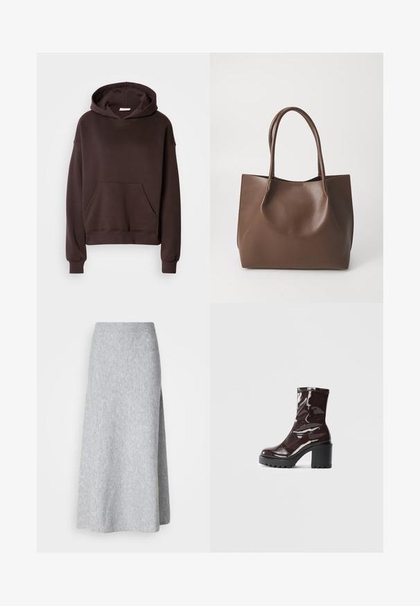 Felpa marrone realizzata in tessuto morbido, con un ampio cappuccio, tasca frontale e polsini e orlo a costine. Design semplice e casual senza fantasie.; Gonna midi grigio chiaro in maglia morbida con vita a costine e spacchi laterali, esposta su uno sfondo bianco.; Stivale alla caviglia bordeaux lucido con un tacco spesso nero, caratterizzato da una superficie liscia e un design semplice. Nessuna chiusura visibile o motivo.; Borsa tote in pelle marrone con due manici lunghi, forma strutturata, superficie liscia e design minimalista. Nessun hardware o accento visibile.
