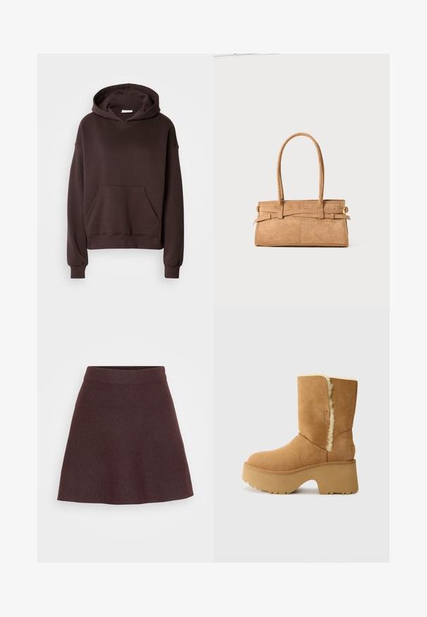Barna kapucnis pulóver puha anyagból, nagy kapucnival, elülső zsebbel, valamint bordás mandzsettákkal és aljjal. Egyszerű, hétköznapi dizájn, minta nélkül.; Burgundi színű kötött szoknya, amelynek szögletes kialakítása, széles derékrésze és sima textúrája van, egyszínű, minta vagy díszítés nélkül.; UGG NEW HEIGHTS CUFF - Téli csizmák - chestnut; Barna nubuk bőr kézitáska, két hosszú fogantyúval, téglalap alakú, és díszítő varrással. Oldalszíja és diszkrét arany fém kiegészítők találhatók rajta.