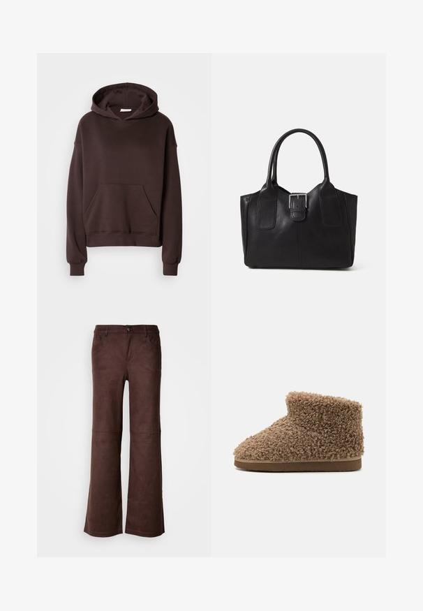 Brun hettegenser laget av mykt stoff, med en stor hette, lomme foran, og ribbestrikkede mansjetter og kant. Enkelt, uformelt design uten mønstre.; Brune flare bukser i et blødt, suede-lignende stof. Har fire lommer, en knaplukning og en glat, tekstureret overflade.; Brun ullsokker med en myk, krøllete tekstur, lav ankelhøyde og avrundet tådesign, med en flat, kontrasterende såle.; Svart skinn toteveske med jevn tekstur, strukturert form, to håndtak og en fremtredende sølvspenne foran.