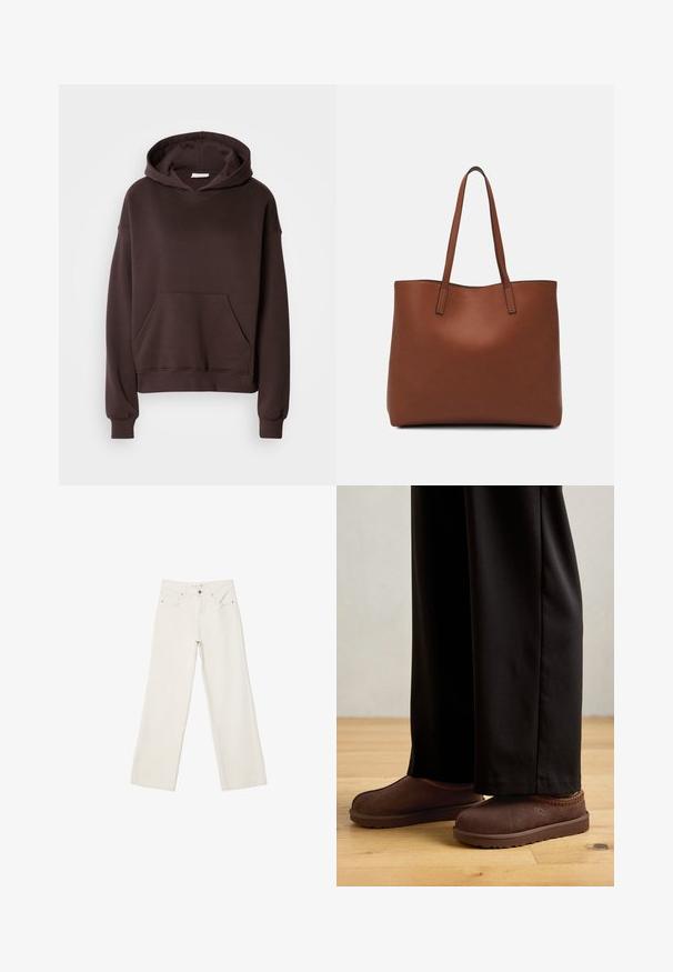 Brown hoodie made from soft fabric, featuring a large hood, front pocket, and ribbed cuffs and hem. Simple, casual design with no patterns.; White wide-leg jeans made of denim, featuring a high-rise waist, front pockets, and a button closure. Clean design with minimal accents.; Brown suede slippers with a rubber sole, featuring orange stitching along the collar, paired with black pants on a wooden floor.; Brown leather tote bag with a smooth texture, open top design, and two shoulder straps. Features minimal stitching and no visible hardware.