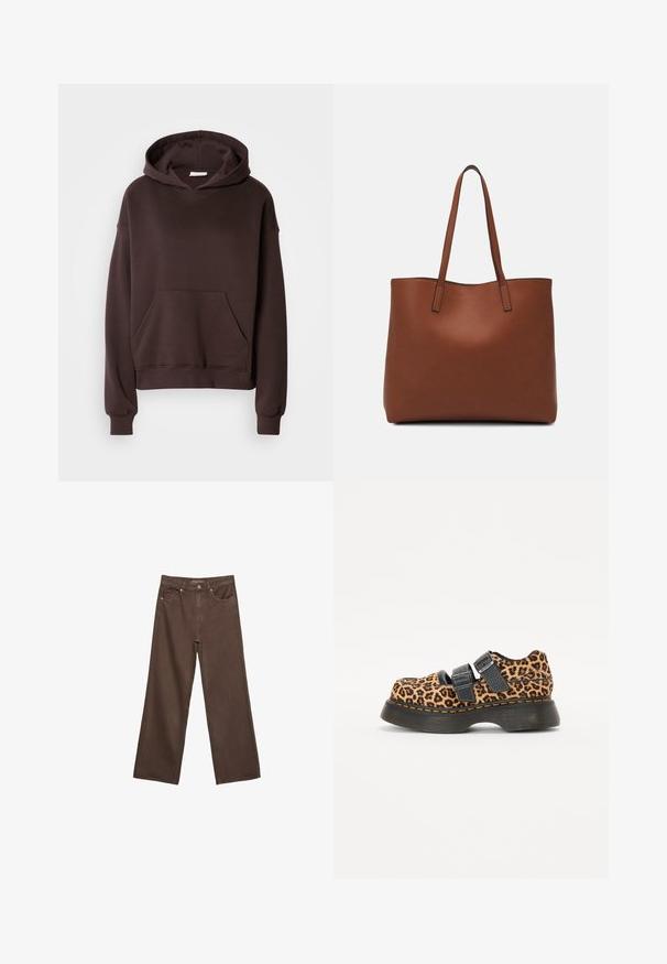Ruskea huppari, joka on valmistettu pehmeästä kankaasta, varustettu suurella hupulla, etutaskulla sekä ribbausreunuksilla hihansuissa ja helmassa. Yksinkertainen, rento muotoilu ilman kuvioita.; Leviittävät ruskeat farkut, jotka on valmistettu denimistä, korkea vyötärö, etutaskut ja klassinen nappikiinnitys. Silkkinen pinta hienovaraisella ompelutyöllä.; Kenkät, joissa on leopardikuosiset päälliset, tukevat mustat kumipohjat, kaksi säädettävää mustaa remmiä ja kontrastoiva oranssi tikkaus reunassa.; Ruskea nahkainen olkalaukku, jossa on sileä pinta, avoin yläosa ja kaksi olkahihnaa. Omaavat vain minimaalisen ompelun eikä näkyvää metalliosaa.
