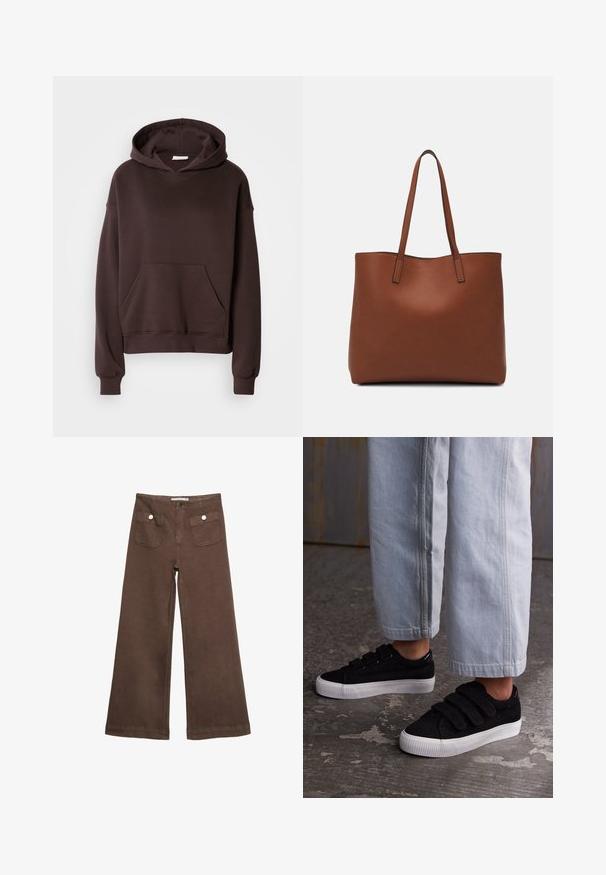 Brązowa bluza z kapturem, wykonana z miękkiego materiału, z dużym kapturem, kieszenią z przodu oraz prążkowanymi mankietami i dołem. Prosty, casualowy design bez wzorów.; Czerwone spodnie typu wide-leg wykonane z bawełny, z dwoma przednimi kieszeniami zapinanymi na srebrne guziki oraz gładką fakturą.; Czarne sneakersy z korduroy z trzema rzepami i teksturowaną cholewką. Niskoprofilowa biała gumowa podeszwa. Noszone z jasnoniebieskimi, skróconymi spodniami.; Brązowa skórzana torba tote o gładkiej fakturze, z otwartym wierzchem i dwoma ramiączkami. Charakteryzuje się minimalnym przeszyciem i brakiem widocznych elementów metalowych.