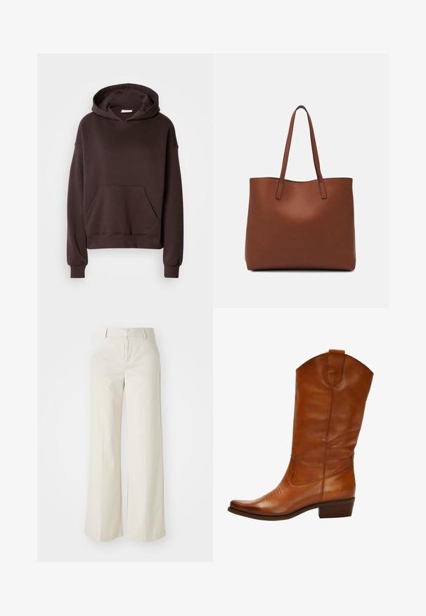 Sudadera marrón hecha de un tejido suave, con una gran capucha, bolsillo frontal y puños y dobladillo acanalados. Diseño simple y casual sin estampados.; Pantalones de pierna ancha en un tono beige claro, confeccionados con una tela suave. Cuentan con una cinturilla clásica y un frente plano con líneas limpias.; Bota de vaquero de cuero marrón con punta afilada, costuras decorativas en la parte superior y un tacón bajo apilado. Presenta una lengüeta en la parte superior.; Bolso tote de cuero marrón con una textura suave, diseño de apertura superior y dos correas para el hombro. Presenta una costura mínima y sin herrajes visibles.