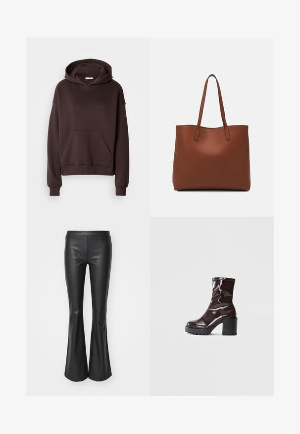 Hoodie castanho feito de tecido suave, com um capuz grande, bolso frontal e punhos e bainha canelados. Design simples e casual, sem padrões.; Calças pretas em imitação de couro, com uma textura suave e cintura elástica; ajustadas na coxa antes de alargarem na parte inferior.; Bota de tornozelo burgundy brilhante com um salto preto robusto, apresentando uma textura suave e um design simples. Sem fechos ou padrões visíveis.; Bolsa tote de couro castanho com uma textura suave, design de abertura superior e duas alças para o ombro. Apresenta costura mínima e sem hardware visível.