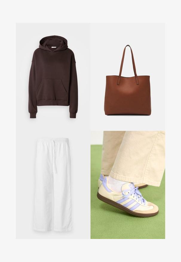 Bruine hoodie gemaakt van zachte stof, met een grote capuchon, een voorkeurszak en ribbelmanchetten en -zoom. Eenvoudig, casual ontwerp zonder patronen.; Witte, gestructureerde wijde broek met een elastische tailleband en verstelbaar trekkoord. Eenvoudig, minimalistisch ontwerp zonder versieringen.; Crème- en lavendel-sneakers met drie strepen en een gestructureerde bruine zool, voorzien van veters en een gewatteerde hiel. Zachte stoffen bovenkant.; Bruine leren tote bag met een gladde textuur, een ontwerp met een open bovenkant en twee schouderbanden. Kenmerkt zich door minimale stiksels en geen zichtbare hardware.