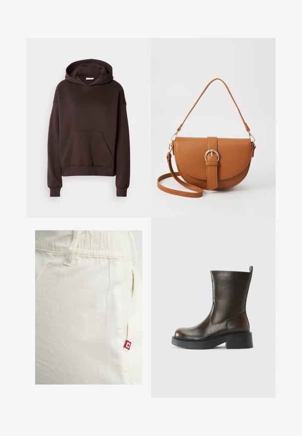 Hanorac maro realizat dintr-un material moale, având o glugă mare, un buzunar frontal și manșete și tiv dintr-un material ribbed. Design simplu și casual, fără modele.; Pantaloni de trening de culoare crem, cu talie elastică și buzunar lateral, având un mic eticheta cu logo roșu și o stea pe buzunarul din dreapta.; Cizme din piele, de culoare maro închis, până la jumătatea gambei, cu vârful rotunjit, talpă groasă neagră, toc mic și bandă de prindere la spate.; Geantă din piele maro, tip crossbody, cu o formă curbată, accesorii aurii și un accent cu cataramă. Dispune de un curea de umăr detașabilă.